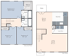 Three bedroom, two bath with a master bath. Two dimensional townhome floor plan.
